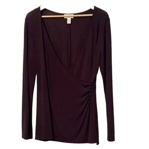 Talbots Women’s 10 Black Faux Wrap Slinky Top Front Button Accent Long Sleeve